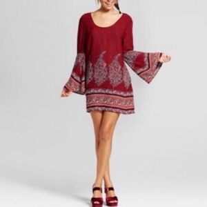 Xhilaration Womens Boho Bell Sleeve Mini Shift Dress Burgundy Red Sz XXL